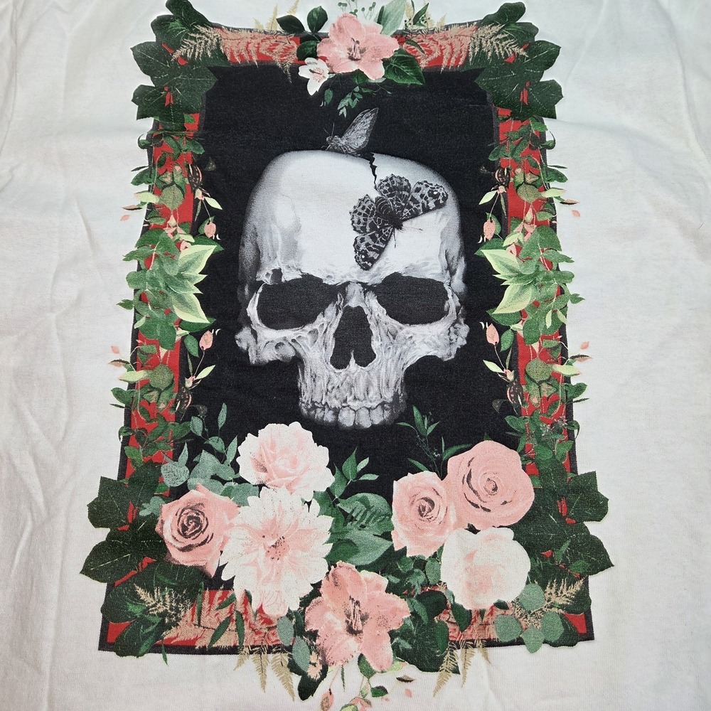 Graphic T-Shirt Mens L Skull Floral Butterfly Print Cotton‎ White Tee NovaMEN
